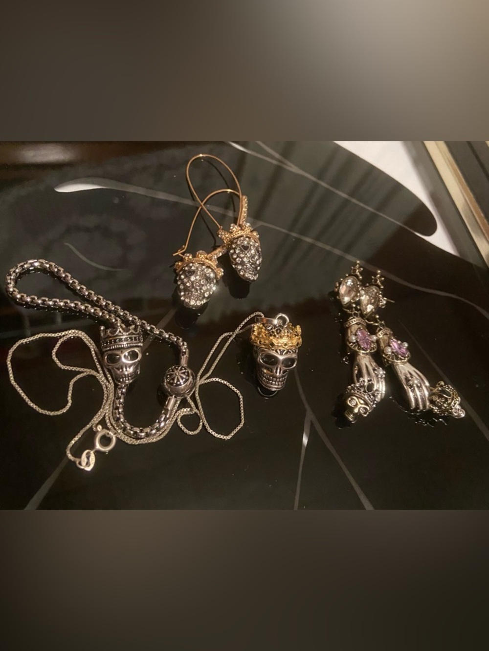 925 Gold&Silver Skull Pendant Necklace, Bracelet& 2 pairs Earrings Set #34